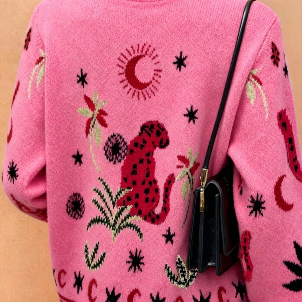 Pink Casual Women's Starfish Hat & Leopard Jacquard Cardigan - Picture 4 of 6